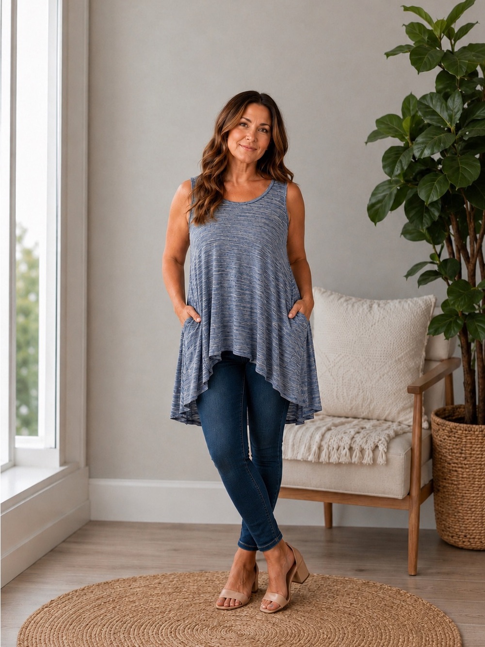 LOGO Tunic Top Lori Goldstein Sleeveless Hi-Low Pockets Heathered Slate Blue 1X